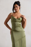 Santi Olive Green Satin Cowl-Neck Asymmetric Maxi Dress