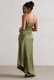 Santi Olive Green Satin Cowl-Neck Asymmetric Maxi Dress