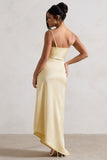 Santi Lemon Satin Cowl-Neck Asymmetric Maxi Dress