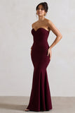 Idyllic Burgundy Strapless Corset Style Fishtail Maxi Dress