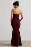 Idyllic Burgundy Strapless Corset Style Fishtail Maxi Dress