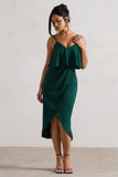 Faro Bottle Green Strappy Draped-Neck Wrap Midi Dress