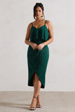 Faro Bottle Green Strappy Draped-Neck Wrap Midi Dress
