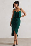 Faro Bottle Green Strappy Draped-Neck Wrap Midi Dress