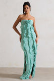 Gardenia Mint Green Strapless Ruffle Maxi Dress With Corsage
