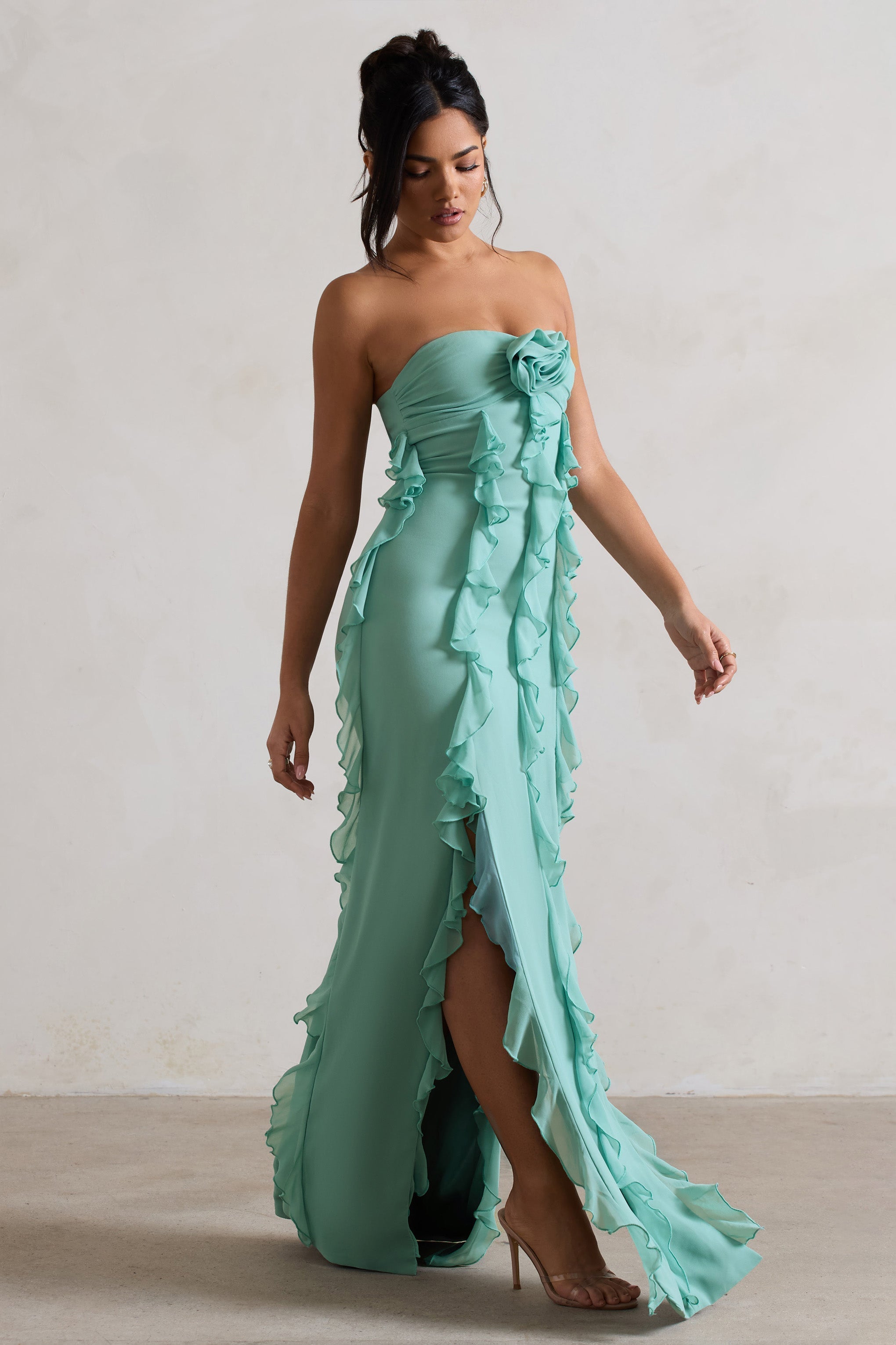 Gardenia Mint Green Strapless Ruffle Maxi Dress With Corsage