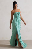 Gardenia Mint Green Strapless Ruffle Maxi Dress With Corsage