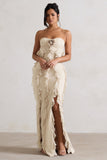 Gardenia Champagne Strapless Ruffle Maxi Dress With Corsage