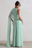 Fairytale Sage Plunge-Neck Chiffon Maxi Dress With Cape Sleeve