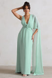 Fairytale Sage Plunge-Neck Chiffon Maxi Dress With Cape Sleeve