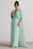Fairytale Sage Plunge-Neck Chiffon Maxi Dress With Cape Sleeve