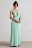 Fairytale Sage Plunge-Neck Chiffon Maxi Dress With Cape Sleeve