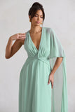 Fairytale Sage Plunge-Neck Chiffon Maxi Dress With Cape Sleeve