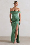 Katia Soft Green Satin Bardot Maxi Dress