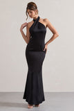 Unbeatable Black Satin Cross Over Halter-Neck Maxi Dress