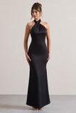 Unbeatable Black Satin Cross Over Halter-Neck Maxi Dress