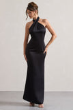 Unbeatable Black Satin Cross Over Halter-Neck Maxi Dress