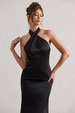 Unbeatable Black Satin Cross Over Halter-Neck Maxi Dress