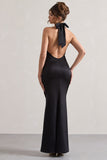 Unbeatable Black Satin Cross Over Halter-Neck Maxi Dress
