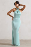 Unbeatable Mint Green Satin Cross Over Halter-Neck Maxi Dress