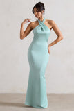 Unbeatable Mint Green Satin Cross Over Halter-Neck Maxi Dress