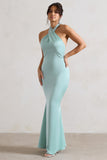 Unbeatable Mint Green Satin Cross Over Halter-Neck Maxi Dress