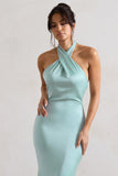 Unbeatable Mint Green Satin Cross Over Halter-Neck Maxi Dress