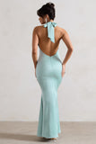 Unbeatable Mint Green Satin Cross Over Halter-Neck Maxi Dress