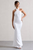 Unbeatable White Satin Cross Over Halter-Neck Maxi Dress