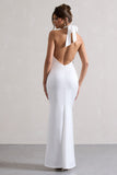 Unbeatable White Satin Cross Over Halter-Neck Maxi Dress