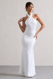 Unbeatable White Satin Cross Over Halter-Neck Maxi Dress