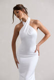 Unbeatable White Satin Cross Over Halter-Neck Maxi Dress
