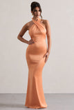 Unbeatable Peach Satin Cross Over Halter-Neck Maxi Dress