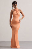 Unbeatable Peach Satin Cross Over Halter-Neck Maxi Dress