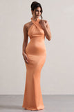 Unbeatable Peach Satin Cross Over Halter-Neck Maxi Dress