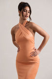 Unbeatable Peach Satin Cross Over Halter-Neck Maxi Dress
