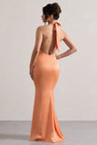 Unbeatable Peach Satin Cross Over Halter-Neck Maxi Dress