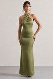 Unbeatable Olive Satin Cross Over Halter-Neck Maxi Dress
