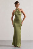 Unbeatable Olive Satin Cross Over Halter-Neck Maxi Dress