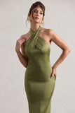 Unbeatable Olive Satin Cross Over Halter-Neck Maxi Dress