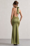 Unbeatable Olive Satin Cross Over Halter-Neck Maxi Dress