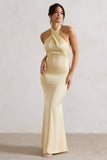 Unbeatable Lemon Satin Cross Over Halter-Neck Maxi Dress