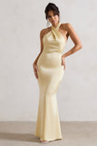 Unbeatable Lemon Satin Cross Over Halter-Neck Maxi Dress