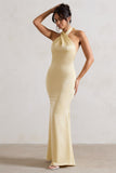 Unbeatable Lemon Satin Cross Over Halter-Neck Maxi Dress