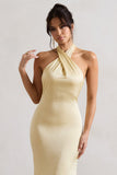 Unbeatable Lemon Satin Cross Over Halter-Neck Maxi Dress