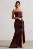 Ace Chocolate Brown Satin Bandeau Split Maxi Dress With Ruffle Drape
