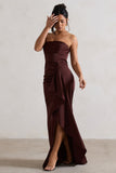 Ace Chocolate Brown Satin Bandeau Split Maxi Dress With Ruffle Drape