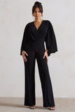 Nori Black Plunge-Neck Straight-Leg Cape Jumpsuit
