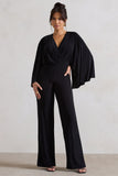 Nori Black Plunge-Neck Straight-Leg Cape Jumpsuit