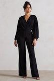 Nori Black Plunge-Neck Straight-Leg Cape Jumpsuit